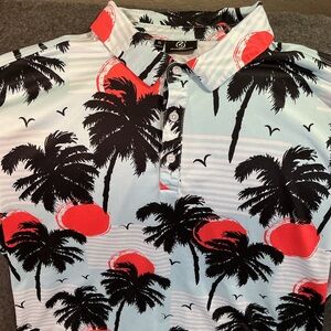 Greenside Golf Polo shirt with a palm trees and sunset graphic